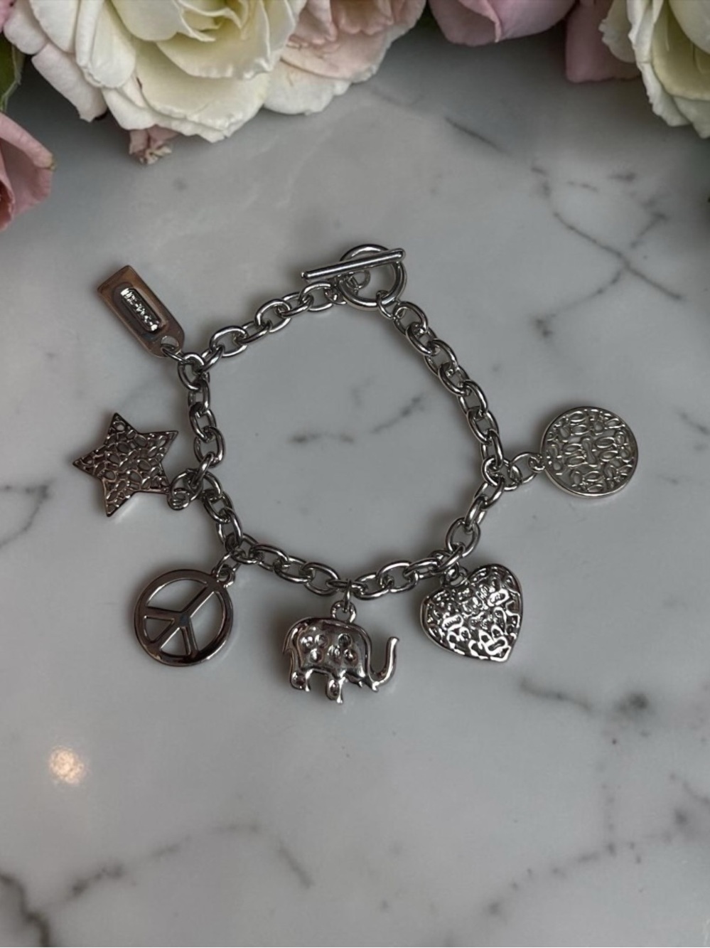 Coach Vintage Silver Bracelet with Heart, Peace, Star & Elephant Charm NWOT - Picture 3 of 6